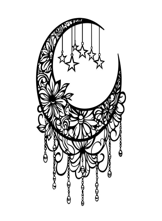 ACOSIY Black Metal Moon Wall Decor Boho Moon Phase Wall Art with Hanging Stars Floral Metal Decoration for Bedroom Living Room Indoor Outdoor - Image 1